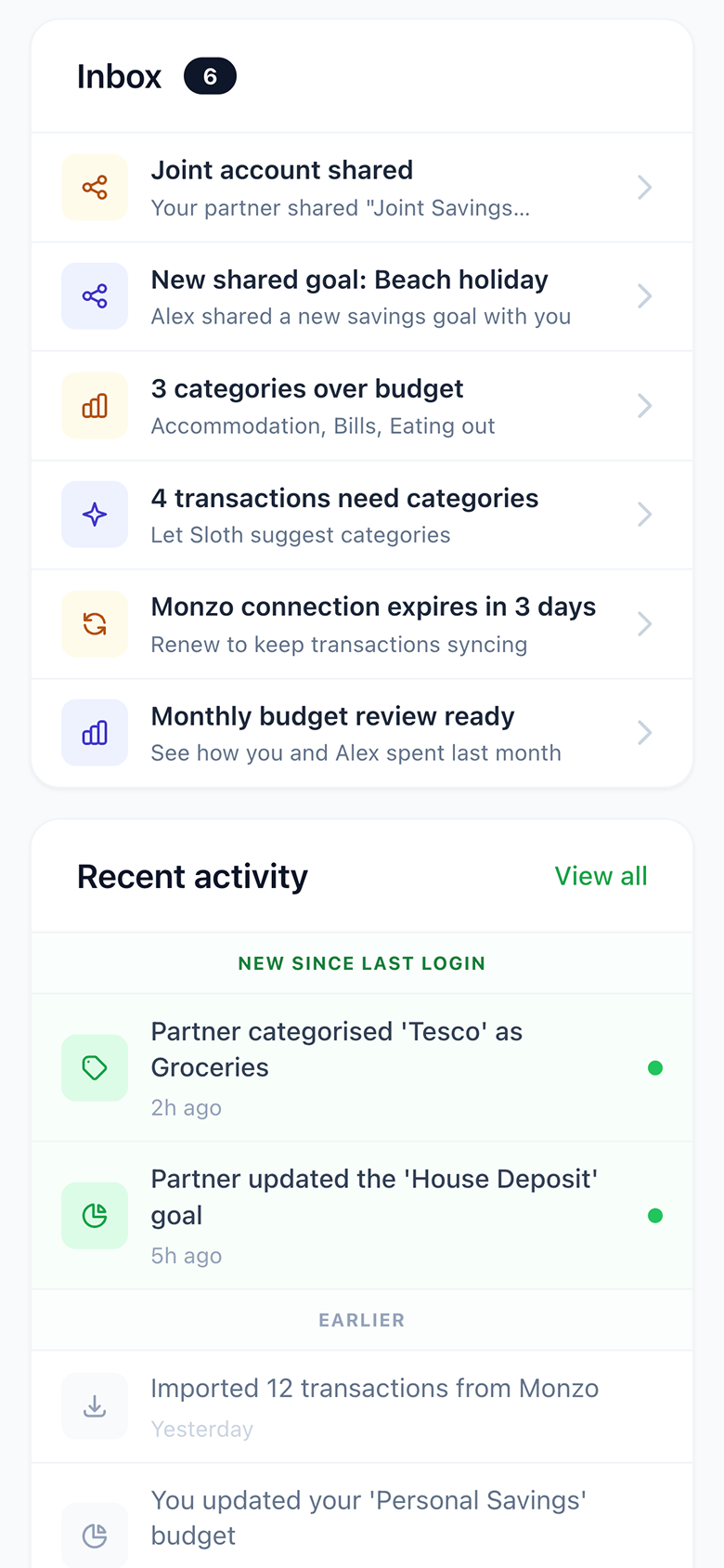 Couples financial planning view showing shared goals and individual budgets