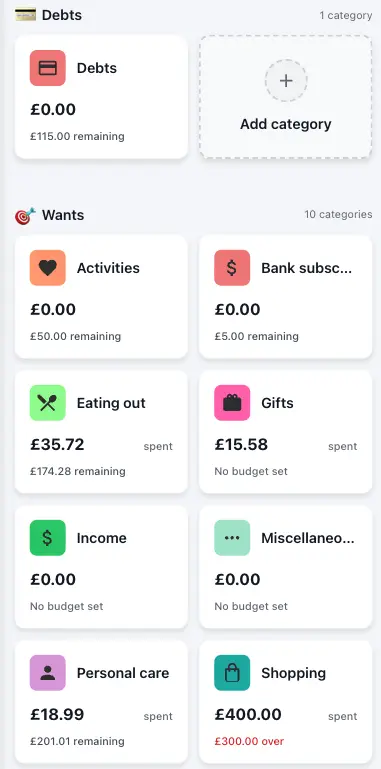 Budget categories mobile view showing shared spending categories like debts, activities, eating out, and shopping with remaining amounts