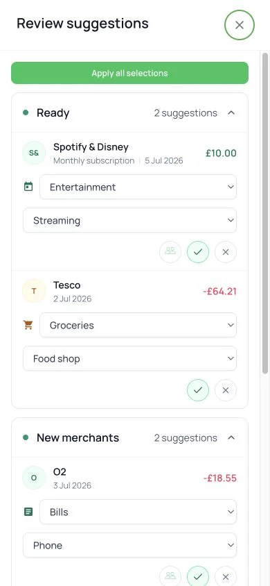 Transaction categorisation review drawer grouping ready suggestions, new merchants, and questions for a partner