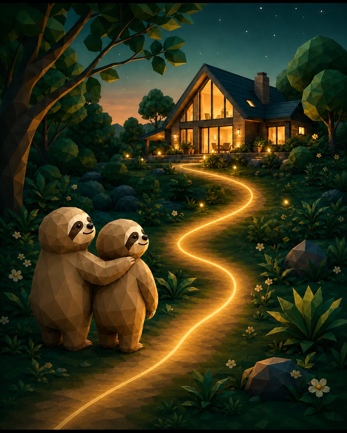 Two sloths looking along a glowing path towards a warmly lit home