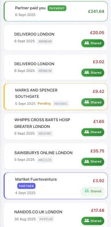 Shared transactions mobile view showing partner payments, shared expenses, and pending items