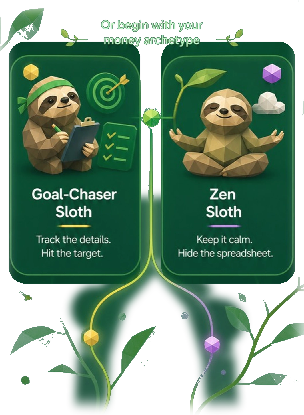 Goal-Chaser Sloth and Zen Sloth archetype cards with gem paths